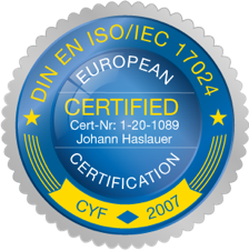 Logo: DIN EN ISO/IEC 17024 Zertifikat für Johann Haslauer
